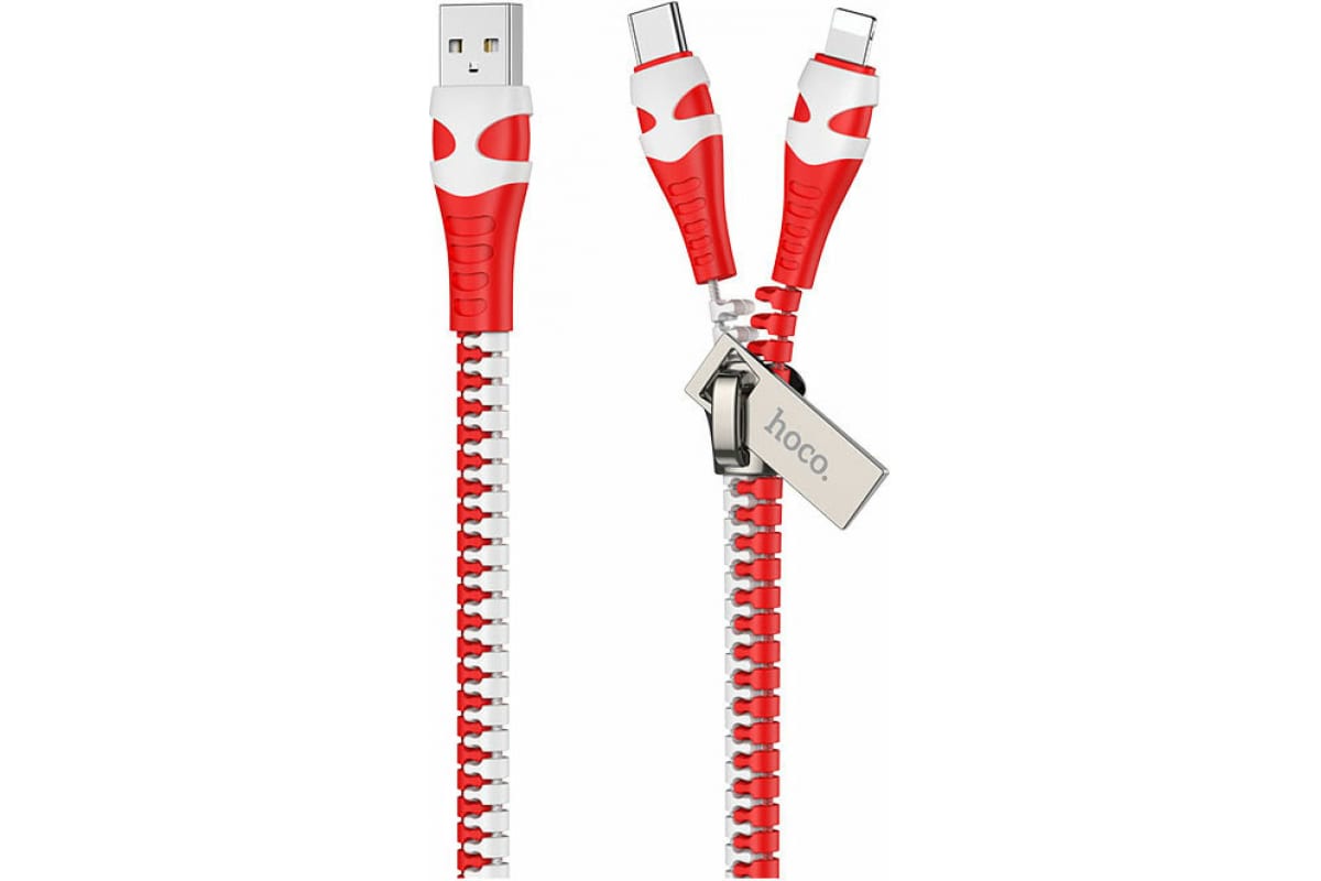 Кабель USB 2.0 - Type C/Lightning Hoco 1,2m 2А, на молнии, U97, красно-белый