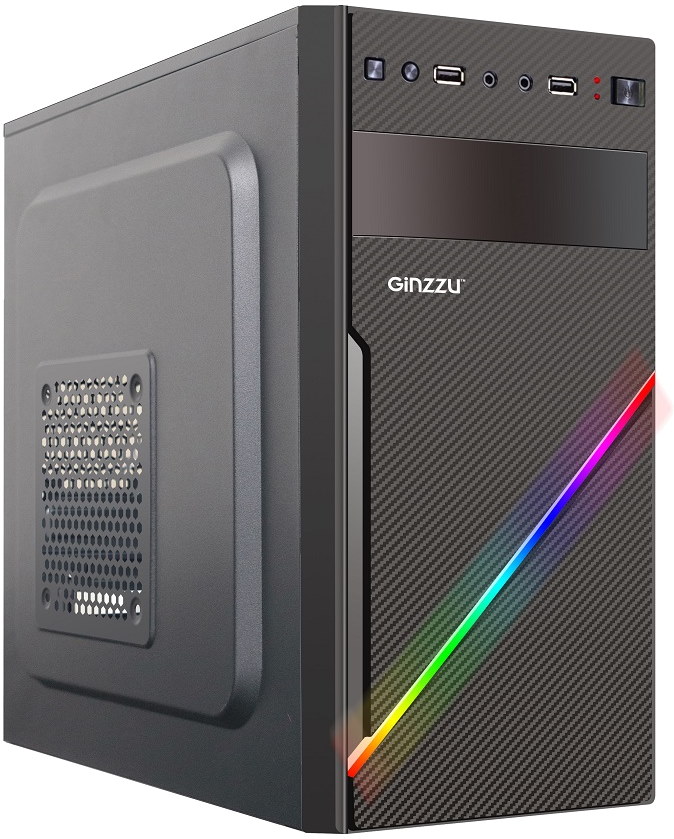 Корпус ATX MidiTower Ginzzu D400 без БП RGB (5,25"*1/3,5"*2/2,5"*2/USB 2.0x 2/audio) mATX черный