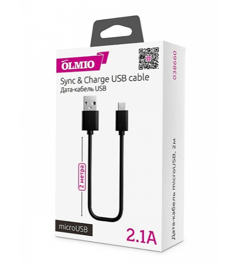 Дата-кабель USB - micro USB, 2м, 2.1A, черный, OLMIO 038660