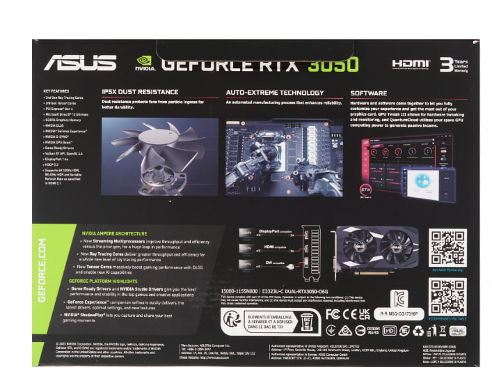 Видеокарта 6144Mb ASUS GeForce RTX3050 DUAL OC 6GB GDDR6 96bit DVI DP HDMI 2FAN [DUAL-RTX3050-O6G