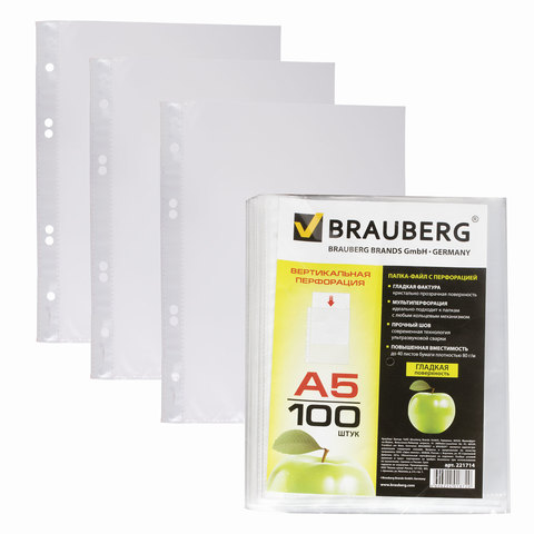Папки-файлы перфорированные BRAUBERG, КОМПЛЕКТ 100шт., А5, гладкие, "Яблоко", 221714