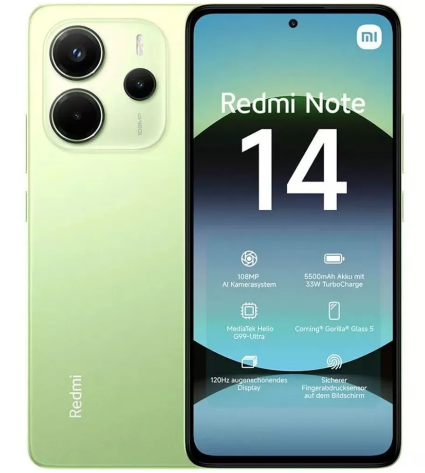 Смартфон Xiaomi Redmi Note 14 6/128Gb зеленый<2SIM 4G 6.67" 8х2.2ГГц 2400х1080 108+20 5500mAh And14>