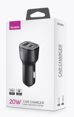 Автомобильное ЗУ OLMIO 20W, Type-C +USB, PowerDelivery, QuickCharge, черное, OLMIO 043801